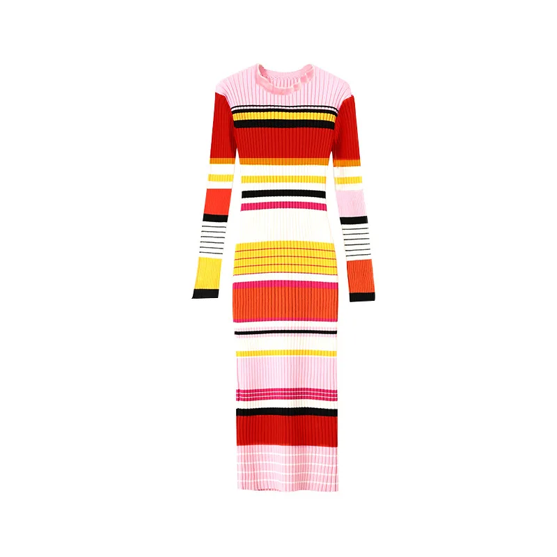 

Rainbow Striped Knit Elastic Cotton Elegant Dress Autumn Winter Base Long Dress Long Sleeve Street Design Maxi Dresses for Women
