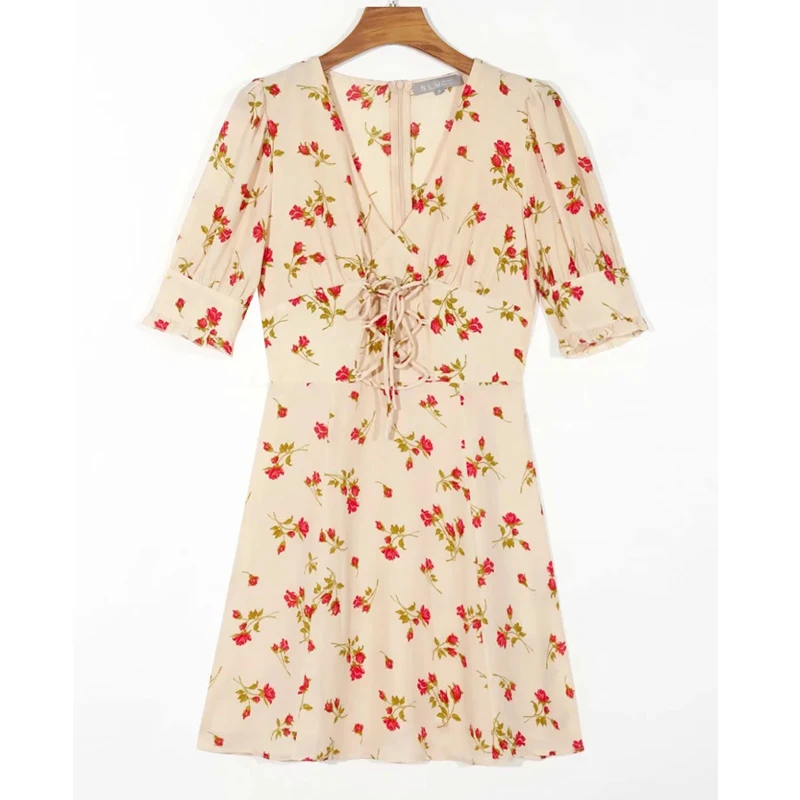 

Women V Neck Lace Up Waist Floral Print Mini Dress Slightly Puffed Shoulders