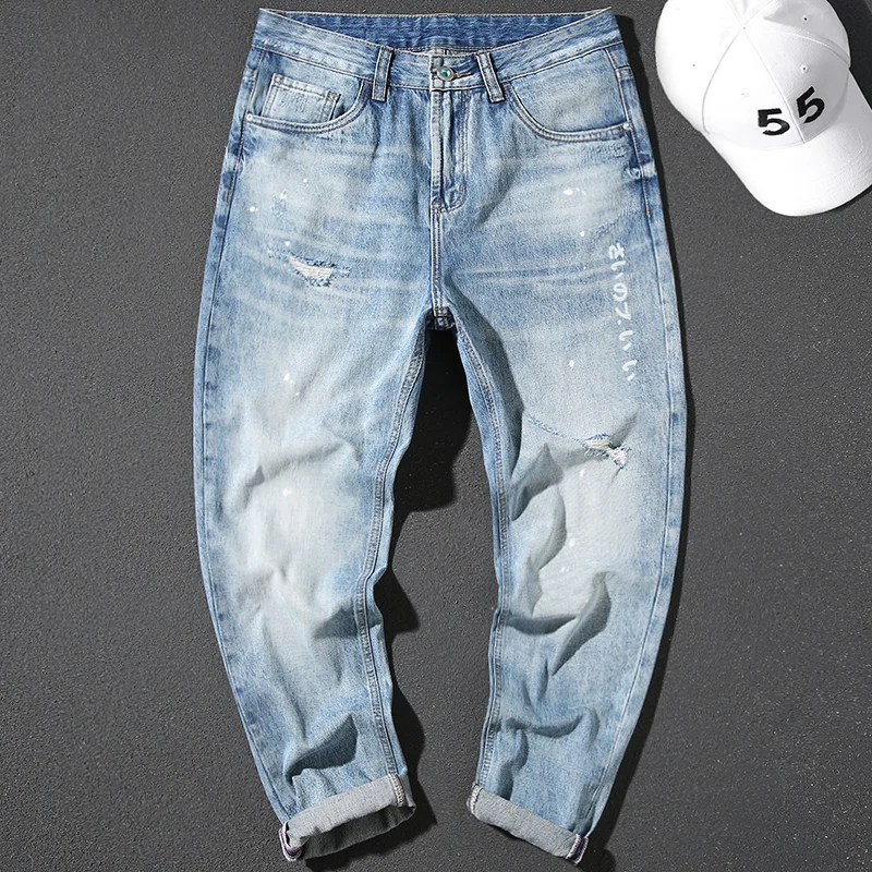 Loose Jeans Men's Spring Japanese Style Printed Ripped Cotton Light Color Trousers All-Matching Straight Casual Youth Trendy