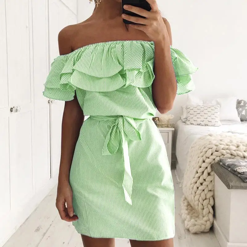 Women Dresses Striped Summer Ruffle Collar Dress Bandage Sundress Casual | Женская одежда