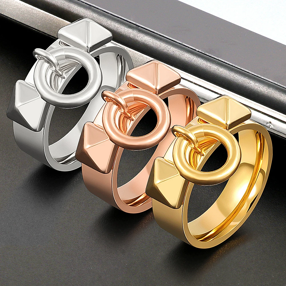 

Trend Rings High Quality Rivets Pyramid & Dangle Circle Punk Charm Geometry Ring For Men Women Party Jewelry Fashion Gift 2022