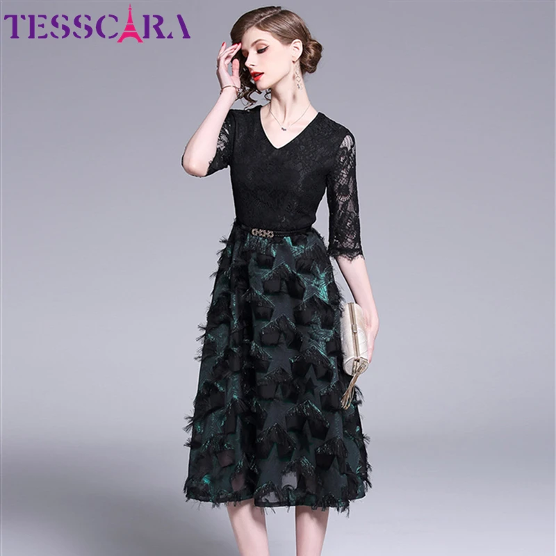 Женское осеннее элегантное Сетчатое платье TESSCARA с V образным вырезом женские