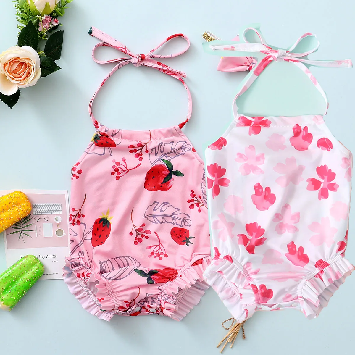 

Baby Girls Swimsuit Strawberry Print Bathing Suit Toddler Swimwear Summer Ruffle Swimsuits One Piece Swimming Floral Beach Wear