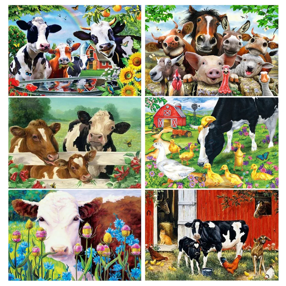 

Алмазная живопись 5D «сделай сам», Набор для вышивки животных, корова, дома, мозаика, подвесная картина, украшение для дома, подарочные настен...