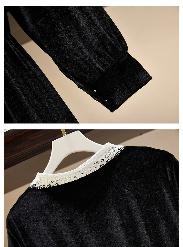 

Vintage Chic Slim Round Neck Lace Stitching Cocktail Dress Pearl Button Black Velvet Party Dress Plus Size Vestido Feminino