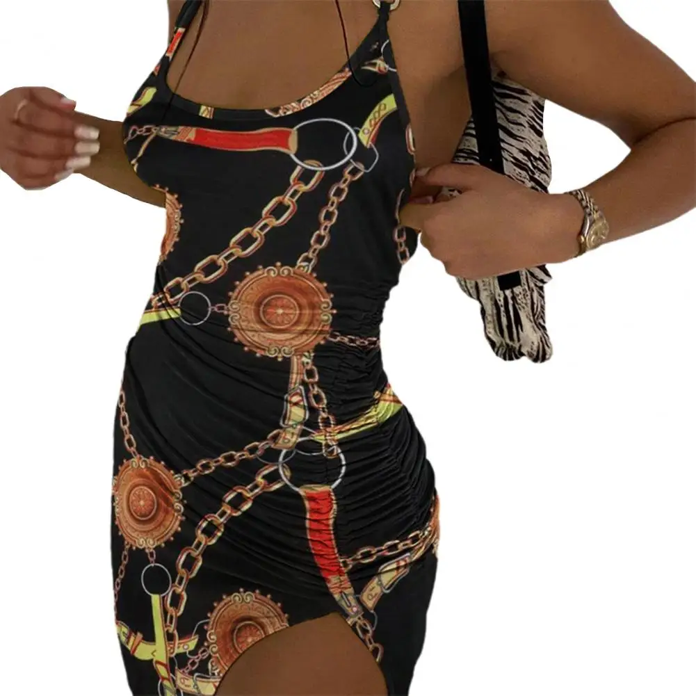 

Women Bodycon Dress Metal Halter Split Polyester Backless Midi Dress Women Halter Split Dress Metal Halter Backless Dress