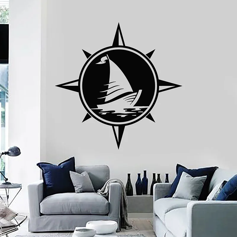 

Creative Compass Wall Decal Ocean Marine Ship Boat Beach Style Vinyl Stickers Living Room Kids Bedroom House Decor Mural E629
