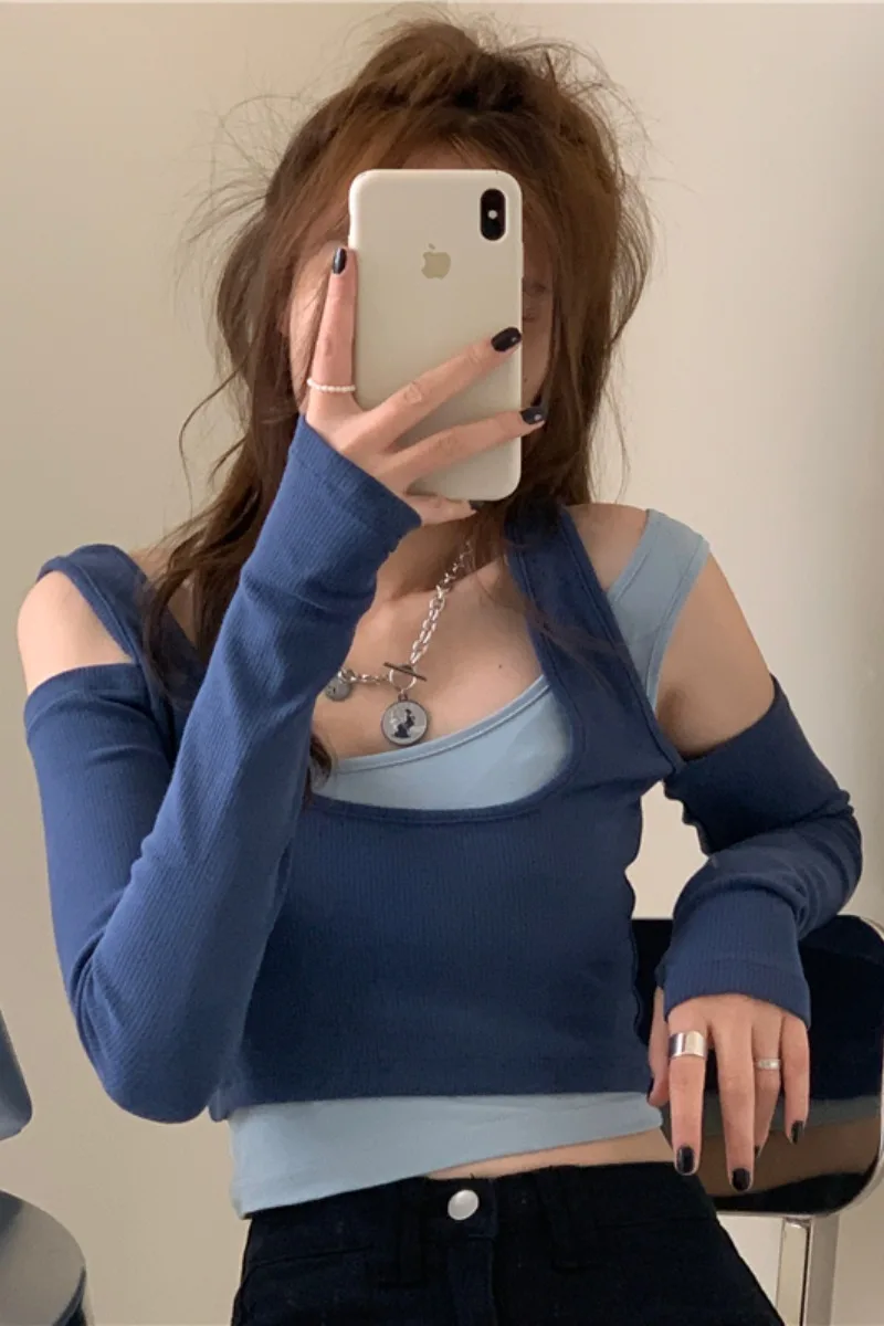 

New Korea-style Women T-shirts Girl Super Beautiful Contrast Blue Fake Two Off-shoulder Long-sleeved T-shirts Female Cotton Top