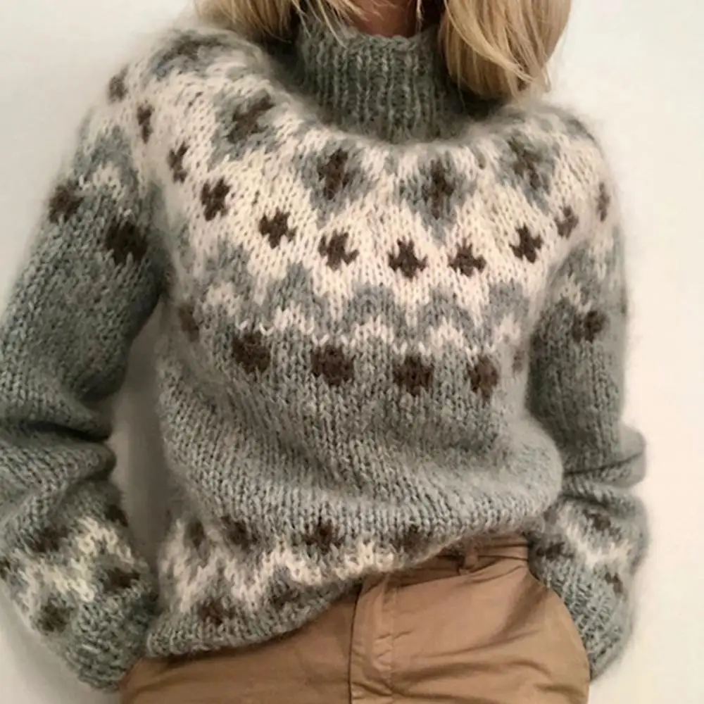 

Printed Women Turtleneck Knitted Sweater Jacquard Weave Long Sleeve Jumper Warm Pullover