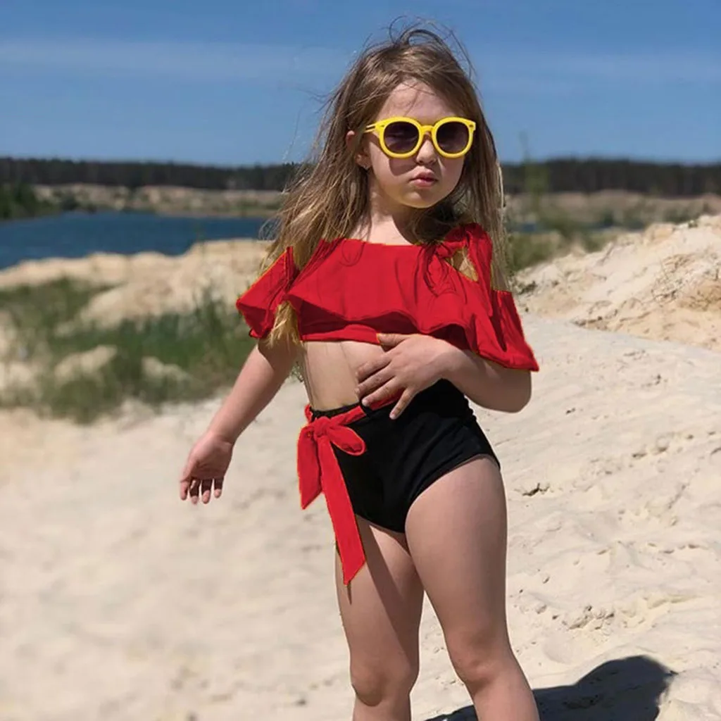 2020 комплекты бикини с оборками для маленьких девочек розовые красные летние
