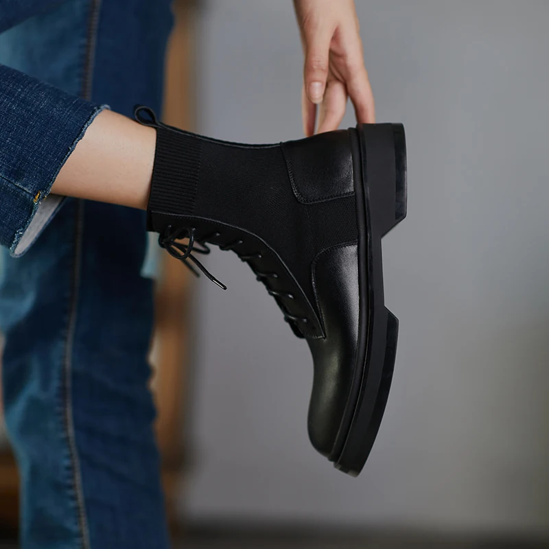 

Winter genuine leather round toe 4cm med heel keep warm cross-tied lace up British style European cozy ankle boot HTA01 MUYISEXI