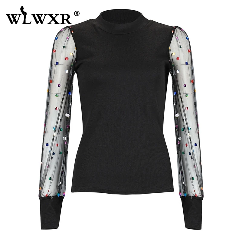 WLWXR черная Повседневная осенне зимняя сетчатая трикотажная Сексуальная Блузка в