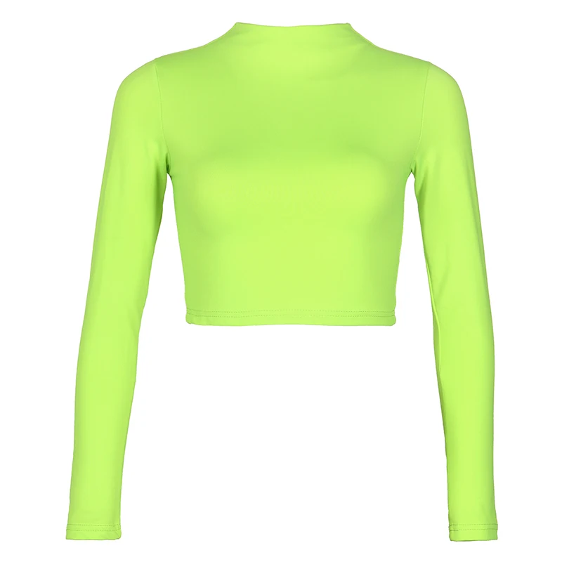 Fluorescent Green Укороченный топ, черные футболки, сексуальные базовые короткие футболки, женские Клубные Белые женские футболки Harajuku, весенние и Зимние Топы с длинным рукавом - Цвет: Fluorescent Green