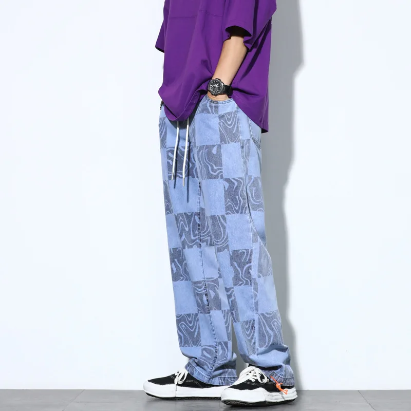 Men's Jeans 2021 Spring Autumn Plaid Full Printed Straight-Leg Jeans Male Ins Street Hip-Hop Loose Wide-Leg Denim Trousers S-5XL