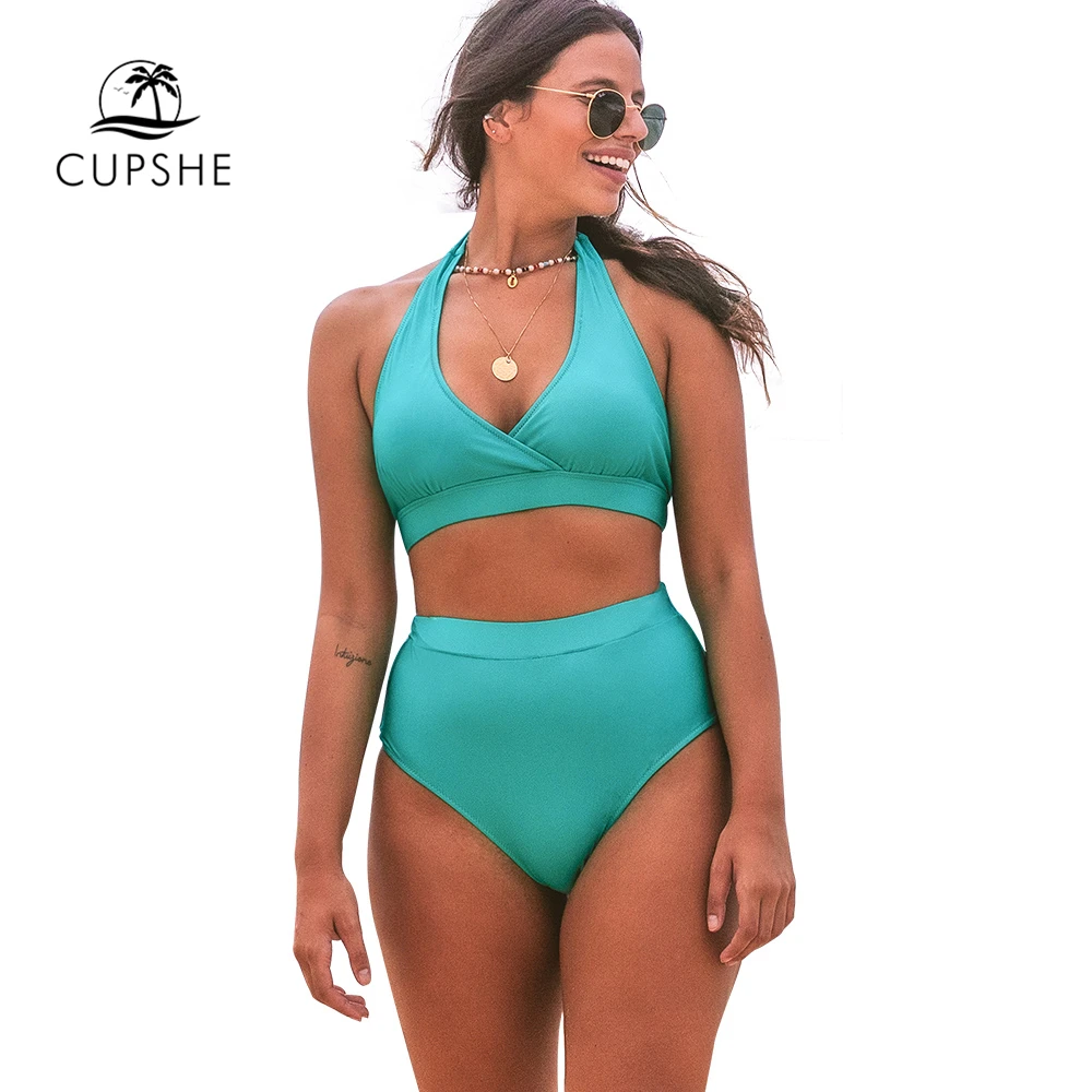 CUPSHE Бирюзовый Холтер с высокой талией Треугольные бикини наборы сексуальные