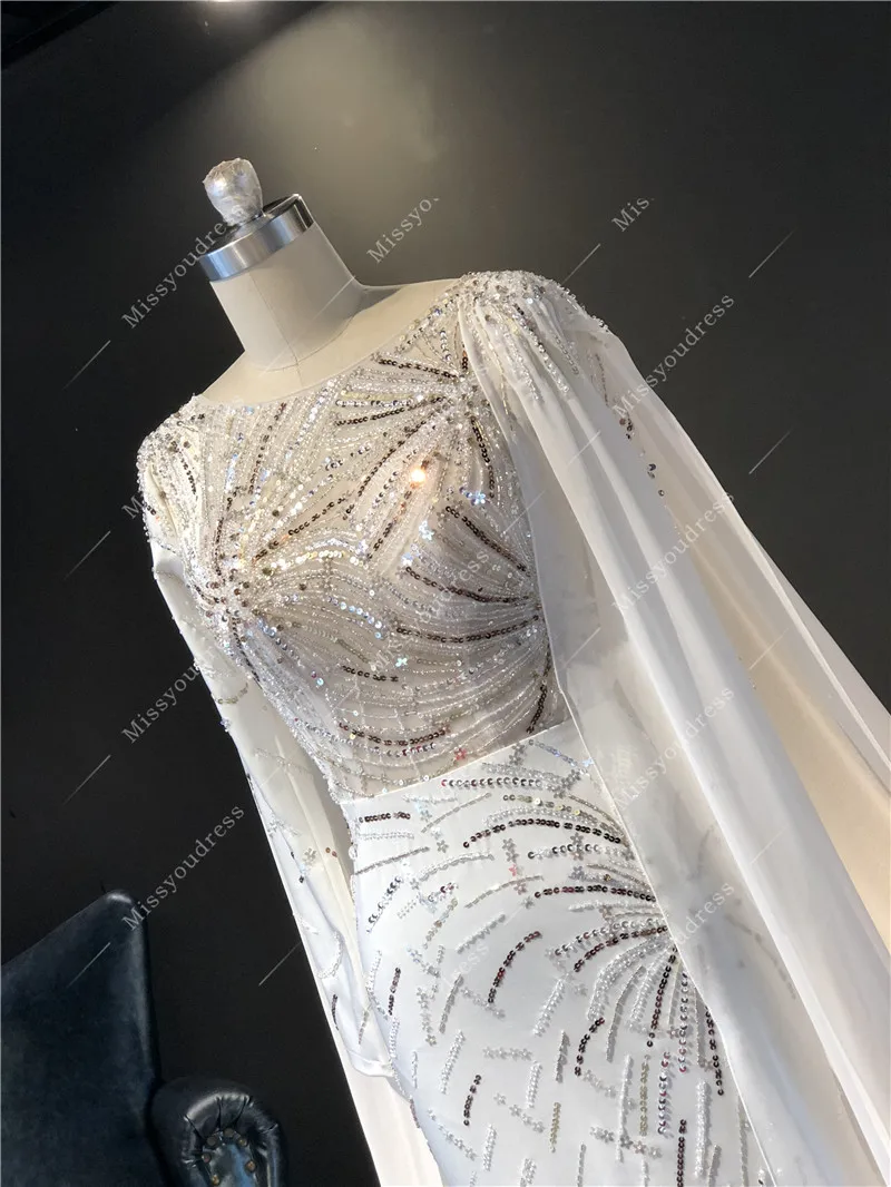 2021 Newest High Quality Customized Ivory Heavy Beadings Long sleeveless O-neck Mermaid Split Floor Length Prom Evening Dresses