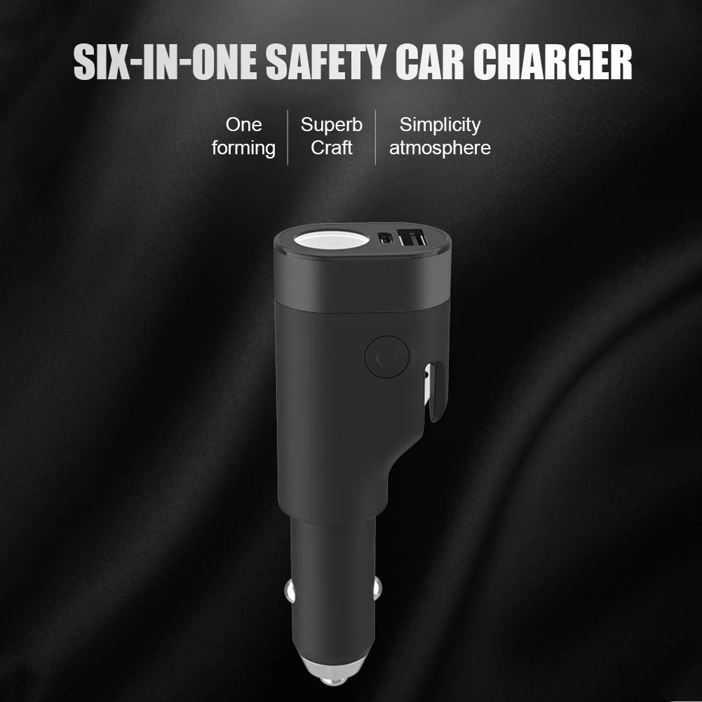 6 in 1 car charger adapter fast charging with led flashlight emergency window breaker belt cutter multi function phone charger free global shipping