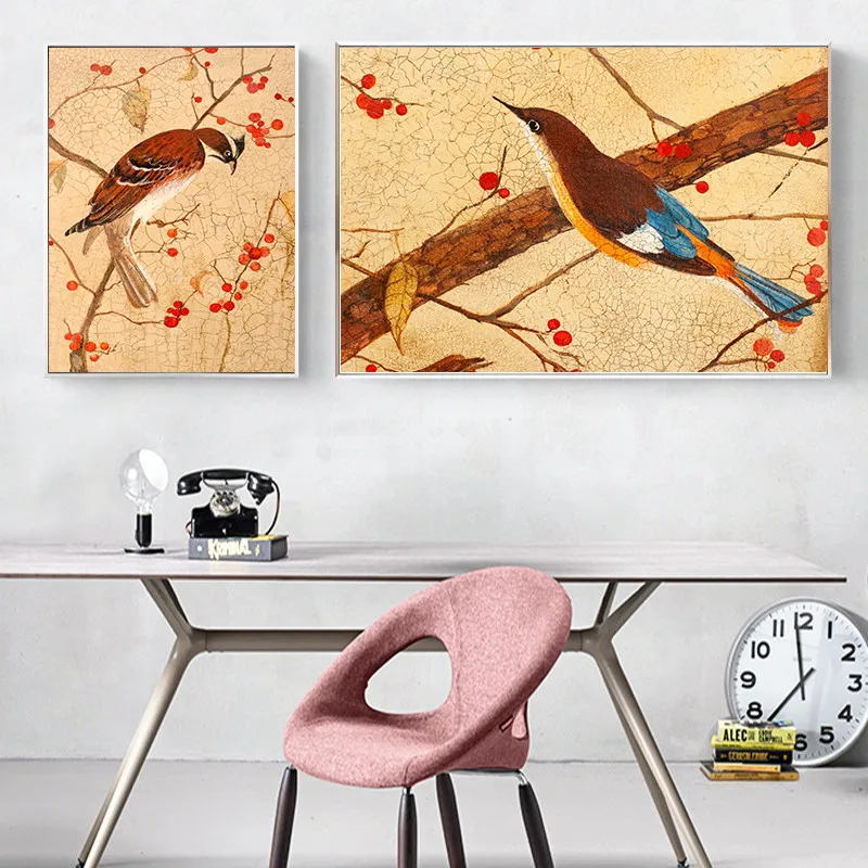 Современные холщовые настенные художественные модульные плакаты цветы и птицы