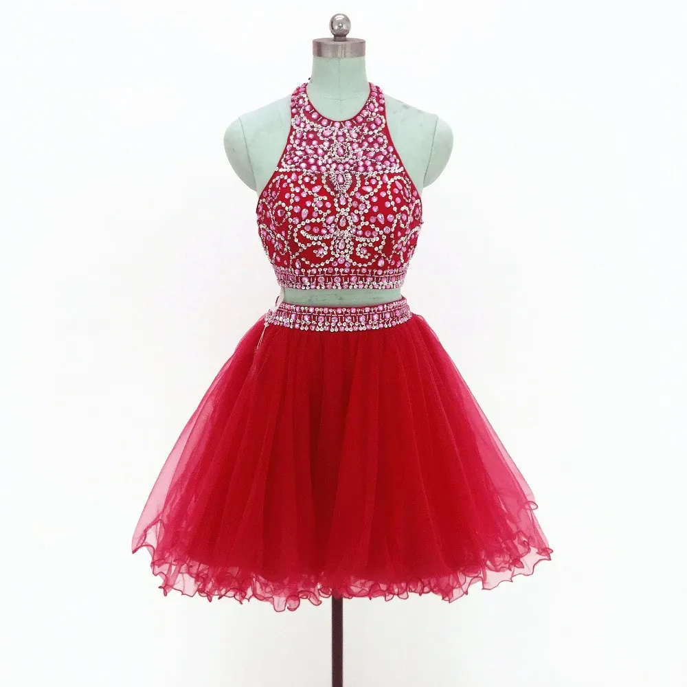 

Halter Homecoming Dress Short Beading Tulle Red Plus Size Prom Party Gowns Blue Tea Length Robes De Cocktail Dresses 2 Pieces