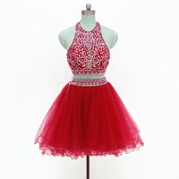 halter homecoming dress short beading tulle red plus size prom party gowns blue tea length robes de cocktail dresses 2 pieces