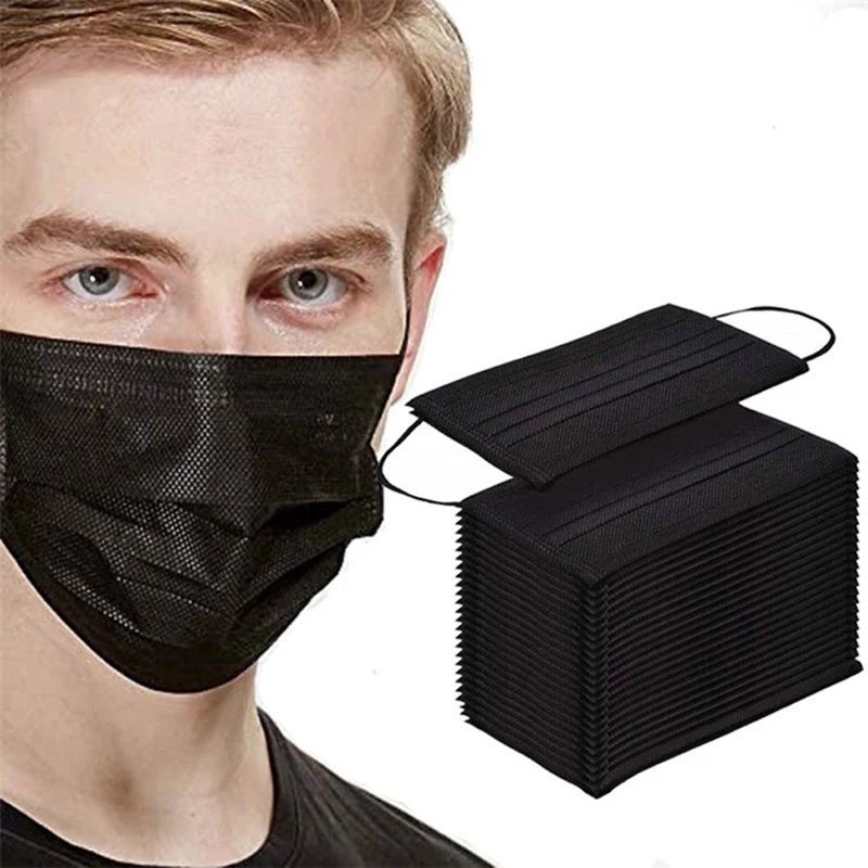 

10 / 50 / 100 Pcs Adult Black Mask 3-Layers Disposable Face Mouth Mask Non-woven Filter Anti Disposable Mask