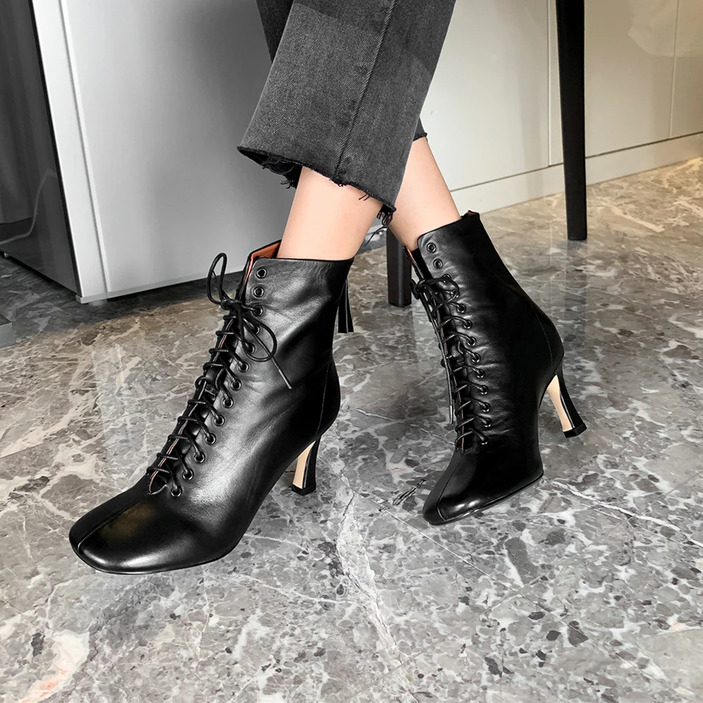 Jual Ukuran 34-43 Fashion Semata Kaki Wanita Sepatu Hak Tinggi Wanita Renda Sepatu Wanita Musim Gugur Musim Dingin Zipper Wanita Pendek Boot Wanita