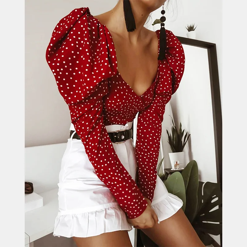 

vintage polka dot female puff long sleeve upper elegant upper garment 2021 lace to red harvest top sexy shirt without back chic
