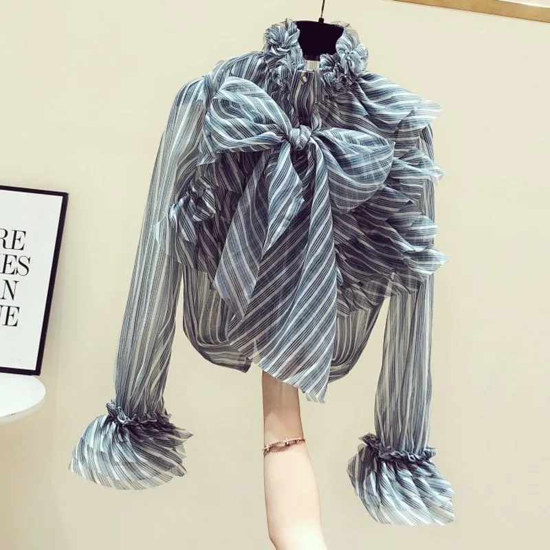 Женская шифоновая рубашка в полоску с длинным рукавом свободная блузка рюшами и