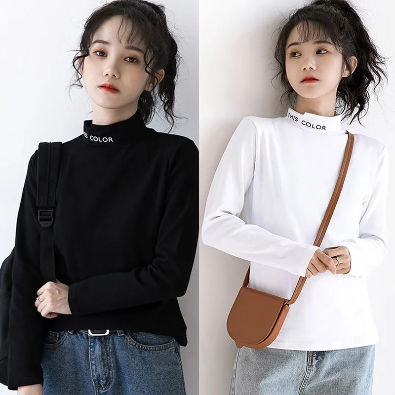 

Spring Women's Fashion Letter Print Sexy Turtleneck Casual Solid Color Long Sleeve T-Shirt Drop