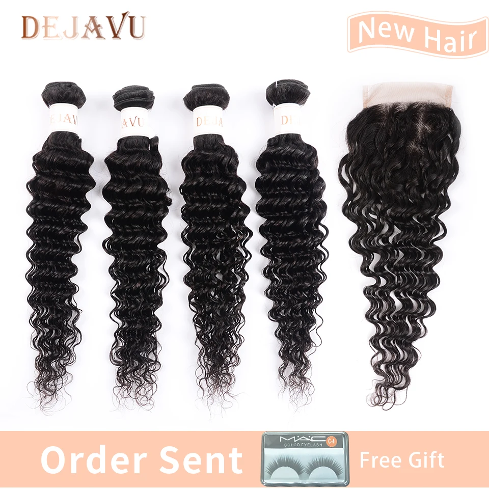 Dejavu Hair Deep Wave Brazilian Non Remy Human 4 Bundles With Lace Closure Free Part Extension | Шиньоны и парики
