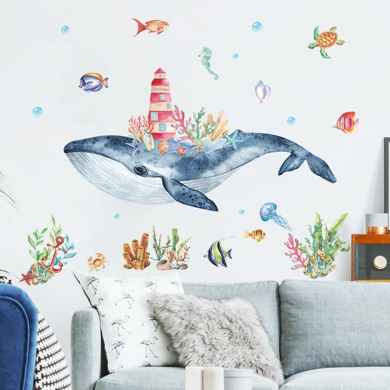 

Marine Animal Whale Castle Wall Sticker for Kids Room Home Decor Baby Children Bedroom Cartoon Marine World Mural Decals