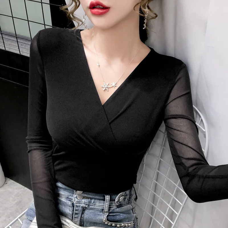 

New Cross Ultra-Stretch Mesh Long-Sleeved Chiffon Shirt Women's Slimming 2020 Autumn New Fashion Shirt Fashion Style