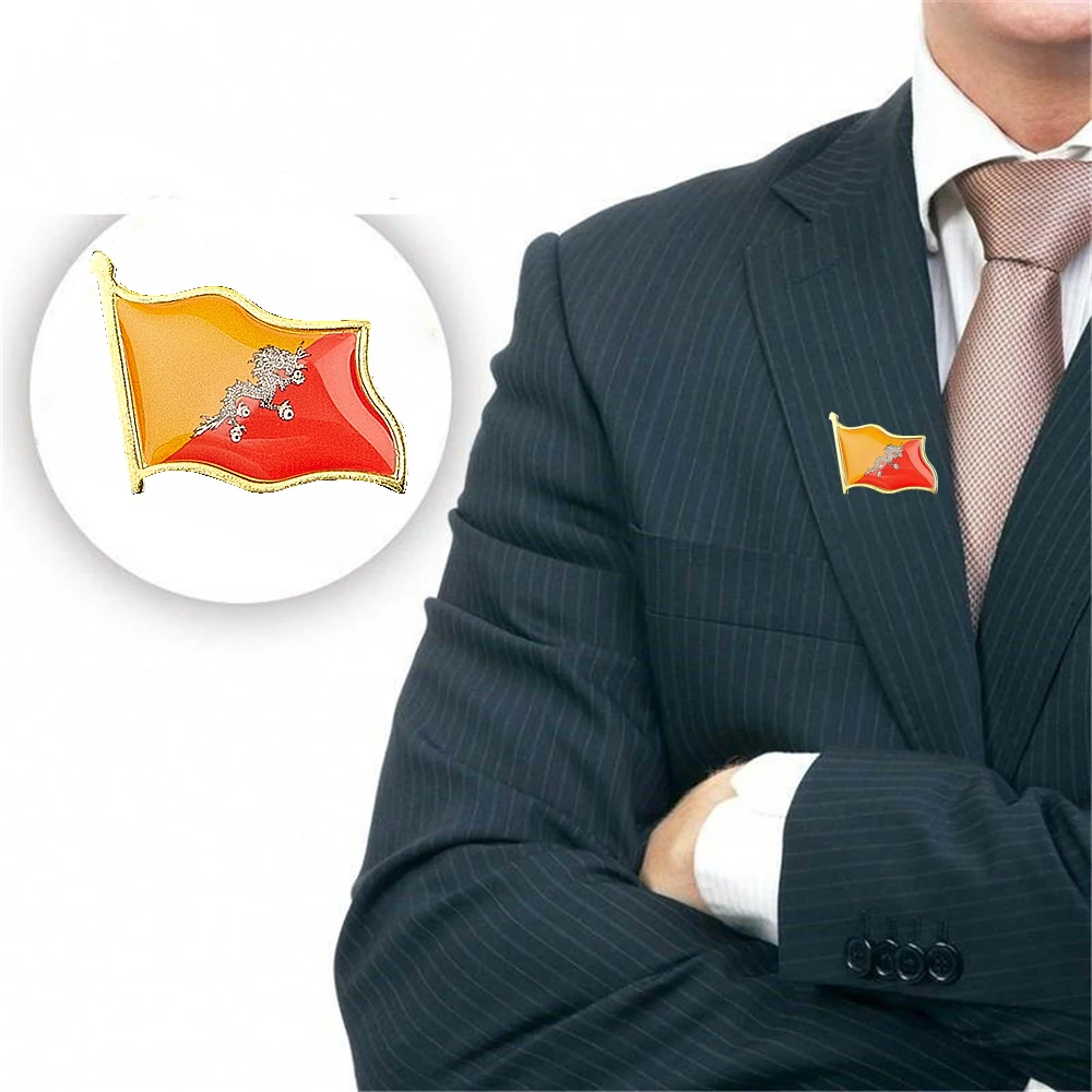 

10Pcs/Lot Asian Bhutan Kingdom Country Pin Colors Metal Gold Plated Flag Lapel Pin Badge Collectible