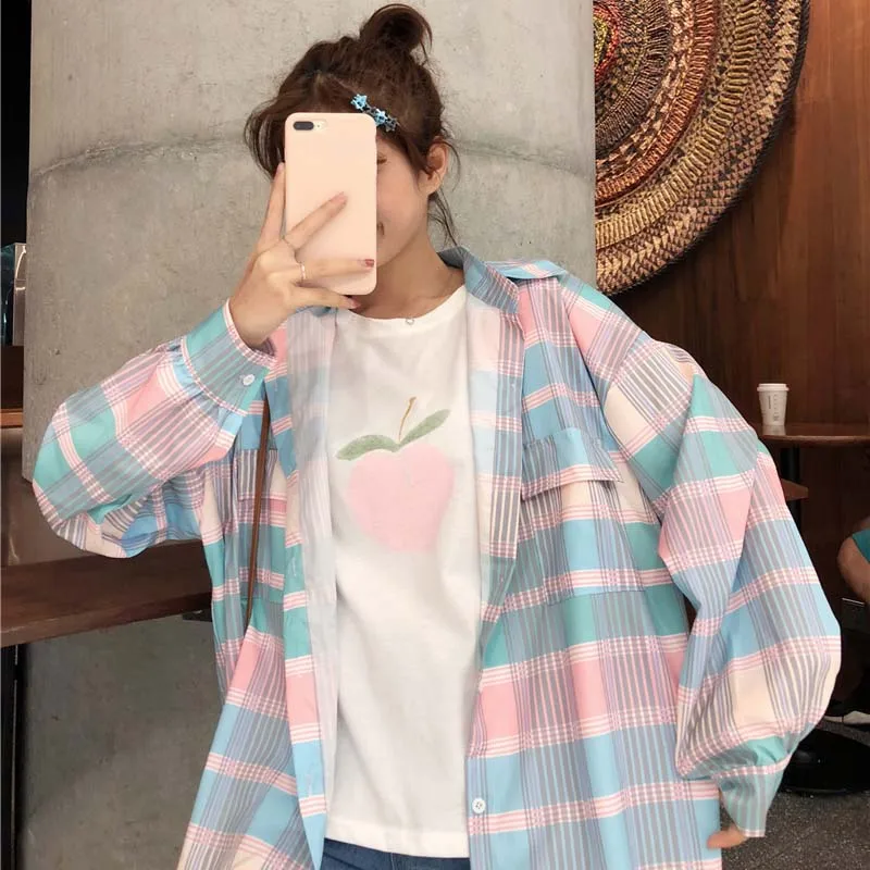 Женская повседневная одежда ulzzang Весенняя Свободная рубашка в клетку с длинными