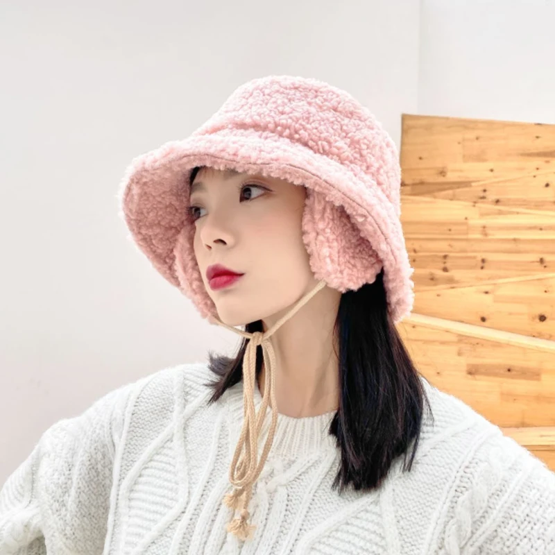 Korean Fashion Hats Women Autumn Winter Bucket Hats Warm Lamb Plush Soft Fisherman Hat Harajuku Casual Caps Female Lady Flat