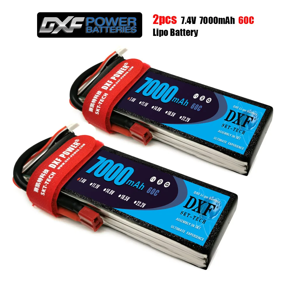 2PCS DXF Lipo 2S 3S 4S 7.4V 11.1V 14.8V Lipo Battery 7.4V 7000mah 60C MAX 120C HardCase for RC 1/10 Scale TrXx Stampede Car enlarge