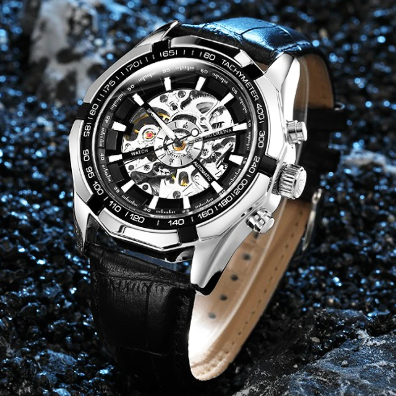 Лучшие продажи часы мужские Скелет автоматические механические Atmos кожа Relogio
