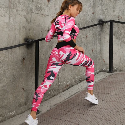 Pink Set Камуфляжный комплект для фитнеса, Женский комплект из 2 предметов, комплекты для йоги, женская одежда для спортзала, спортивная одежда для бега, женская спортивная одежда, сексуальный ансамбль, одежда для спортзала - Цвет: Pink Set