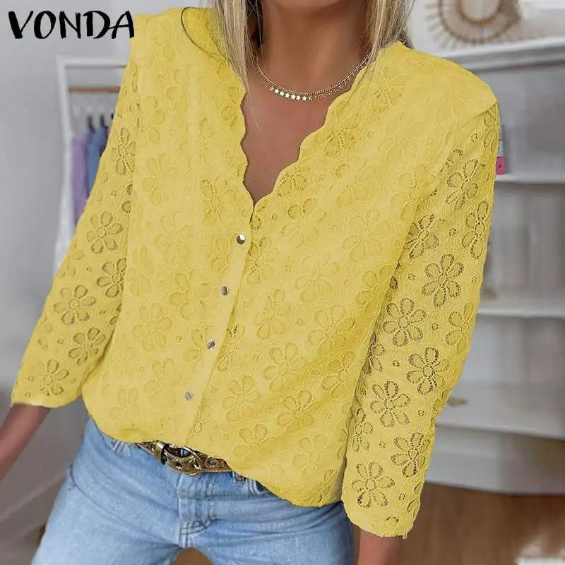 

Autumn Blouse 2021 VONDA Sexy 3/4 Sleeve Button Up Blusas Femininas Lace V Neck Tops Vintage Pleated OL Office Party Shirts