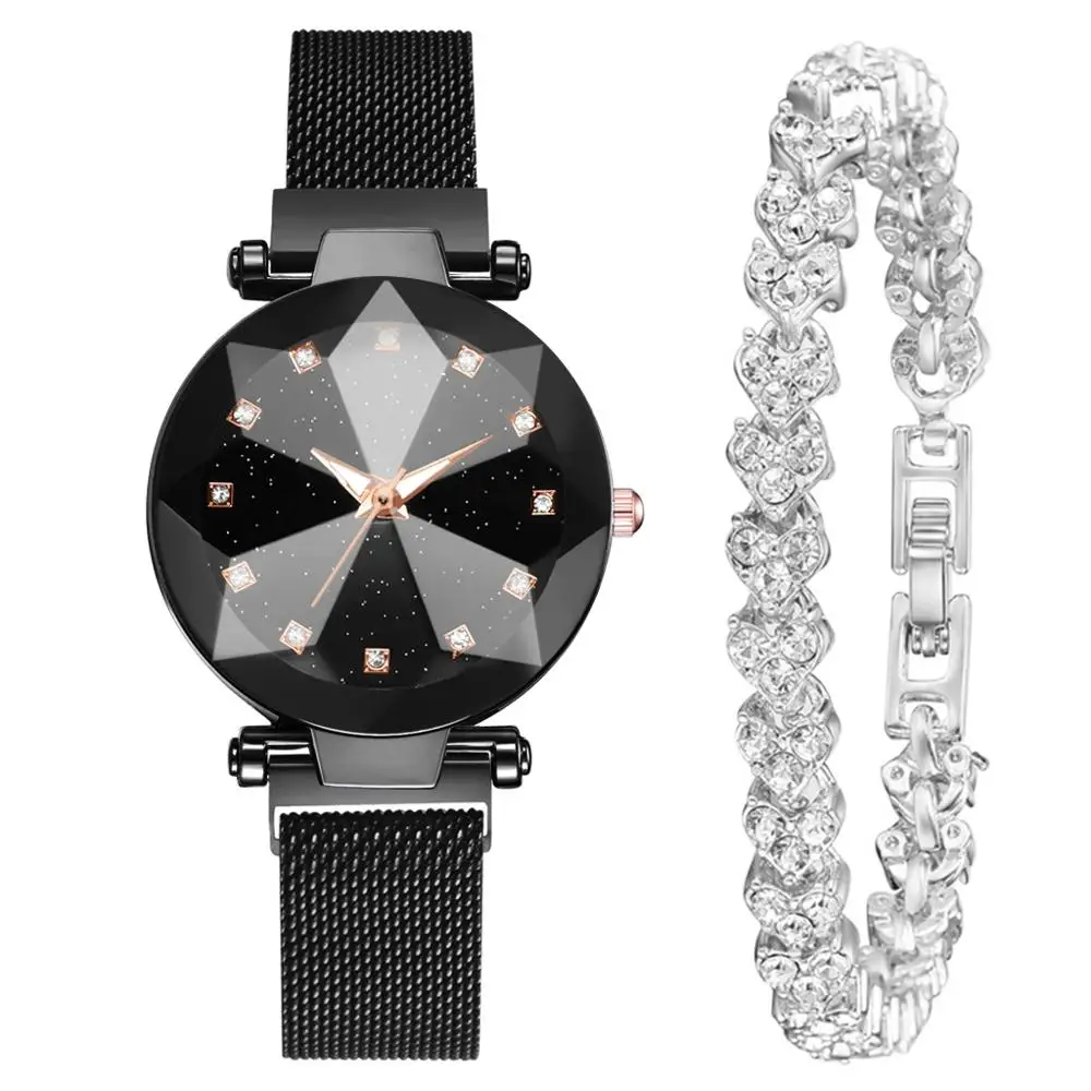 

2pcs Watch Bracelet Set Luxury Women Watches Starry Sky Magnet Watch Buckle Fashion Rhinestone Bracelet Wristwatch Dress Clock