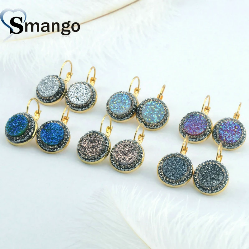 Mix Colors 5 пар, серьги из природного камня, модные украшения, круглая форма для женщин, золотое покрытие, 6 цветов, можно оптом - Окраска металла: Mix Colors