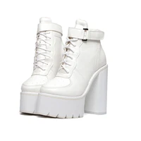 women short boots punk white platforms ankle boots lace up thick heel autumn shoes rock pu leather high heels botte plateforme