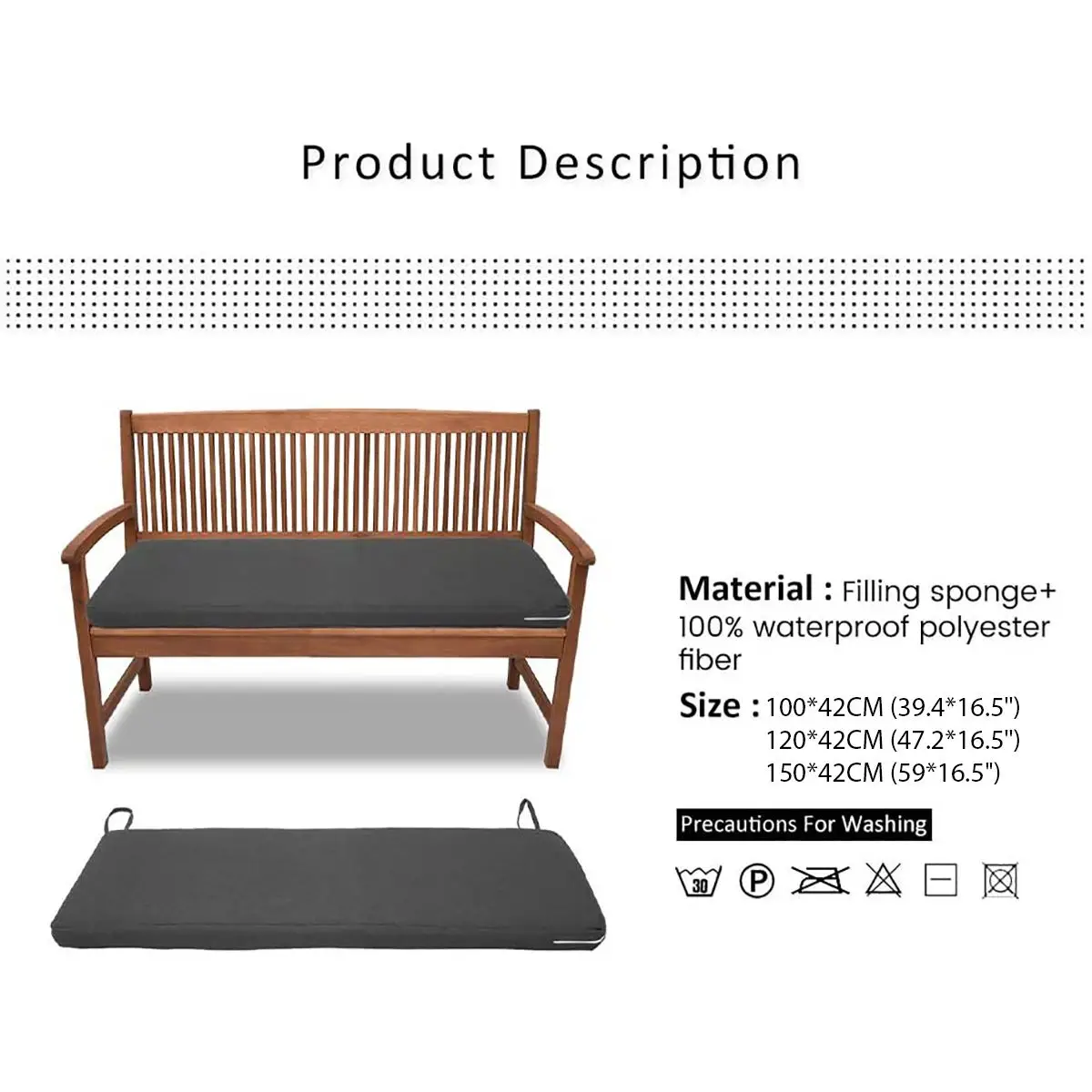 100/120/150cm Outdoor Solid Color Bench Cushion Waterproof Seat Pad with Bandage Garden Patio Furniture Chair Cushion No Chair images - 6
