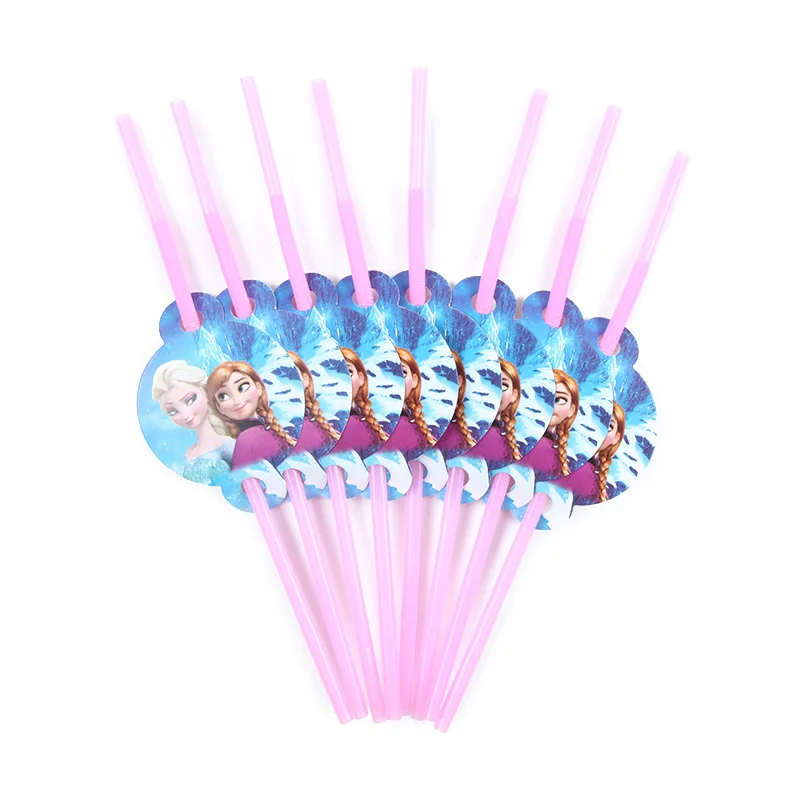 8pcs Straw Новые предметы для вечеринки принцессы Эльзы и Анны, тарелки, чашки с воздушными шариками для девочек, друзей, дня рождения, семейные вечерние декорации, одноразовая посуда - Color: 8pcs Straw