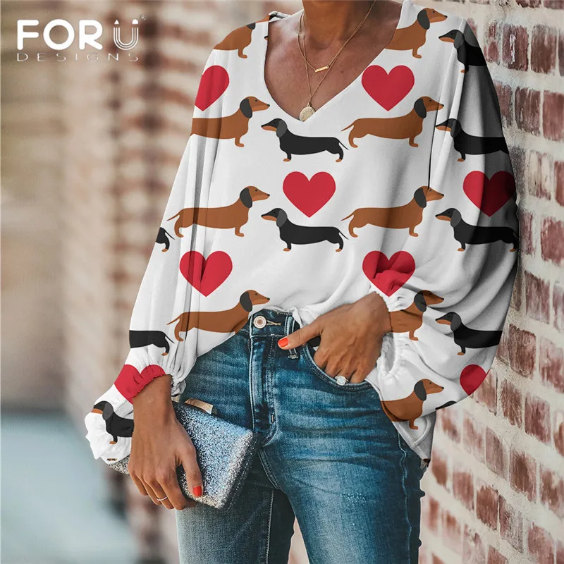 FORUDESIGNS/Harajuku летняя блузка с v образным вырезом для женщин милые Сердечки С таксой