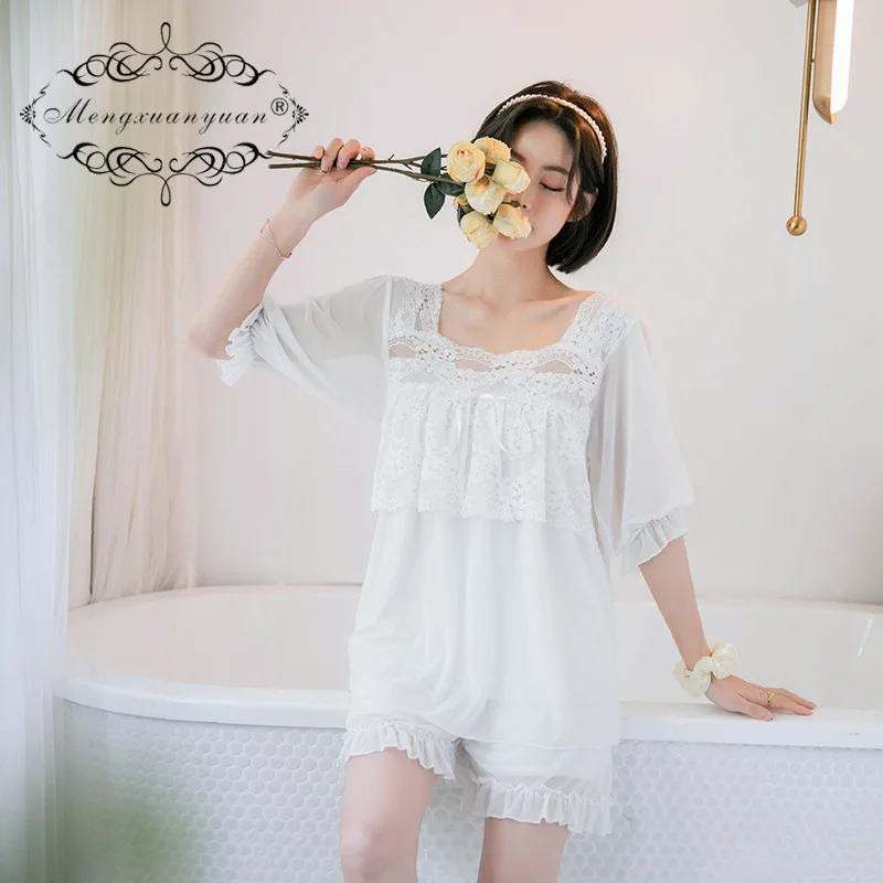 

Лето 2020, пижамные комплекты, Женская пикантная кружевная Пижама дворцового стиля с коротким рукавом, из двух частей, домашние шорты, женская...