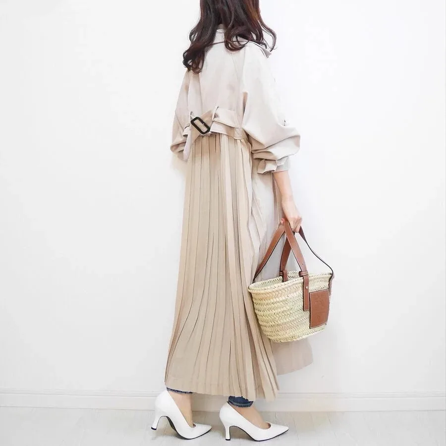 

Korean Style Spring Summer Thin Coats Women's Trench Coat Pleated Chiffon Windbreaker Back Pleated Overcoats Abrigo Mujer