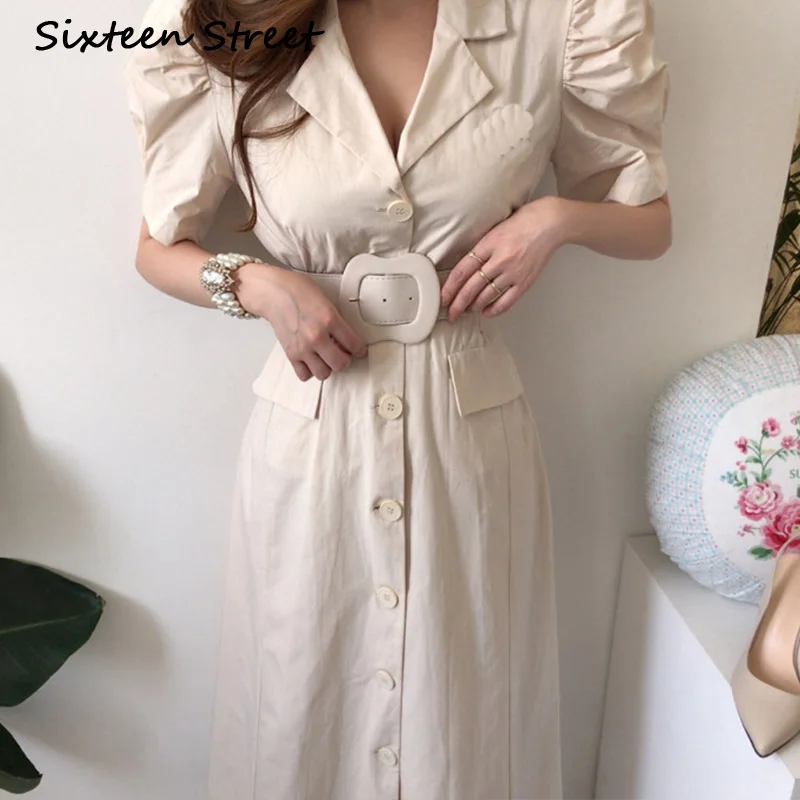 

2020 New Autumn Dress Woman puff Sleeve Apricot turn-down collar Chic Casual Maxi Dress Female Vintage Korean Vestido