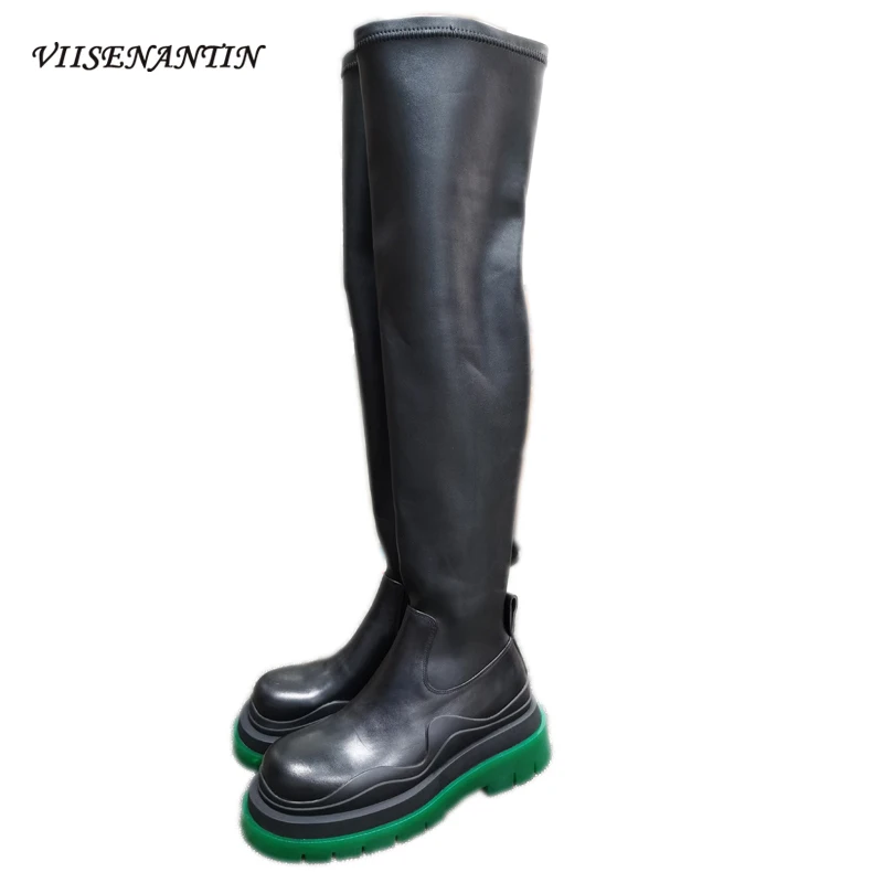 Мотоциклетные сапоги выше колена натуральная кожа без застежек на толстом