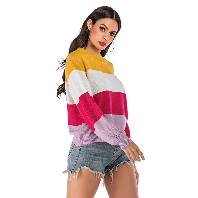 European and American Autumn Winter Women's Knitted Sweater Long-sleeved Wild Color Round Neck Shirt | Женская одежда